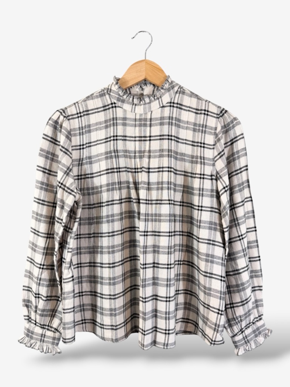 Rails Ariana Ivory Plaid Flannel Shirt XS Ruffle Accent Long Sleeve Cottagecore